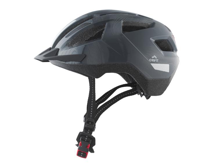 Casque de vélo gris avec visière et détails réfléchissants.