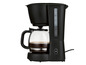 Une cafetière noire avec une carafe en verre remplie de café.