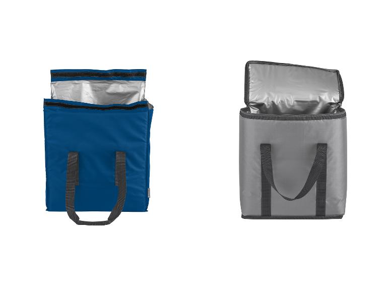 Sacs isothermes bleus et gris avec poignées.