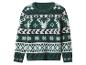 Pull vert avec motif de cerfs et flocons de neige, style festif.