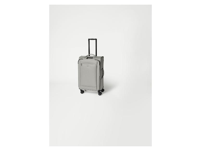 Valise grise avec poignée extensible et quatre roues sur fond blanc.