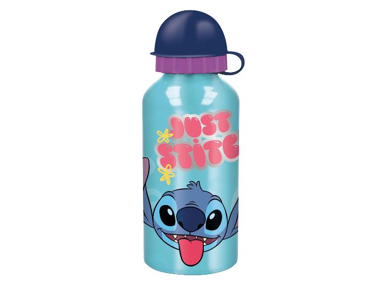 Bouteille d'eau bleue avec un personnage de Stitch et le texte rose 'JUST STITCH'.