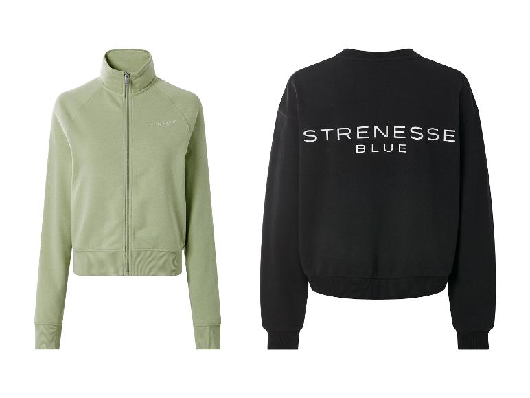 Deux sweatshirts : une veste zippée vert clair et un col rond noir avec texte blanc.