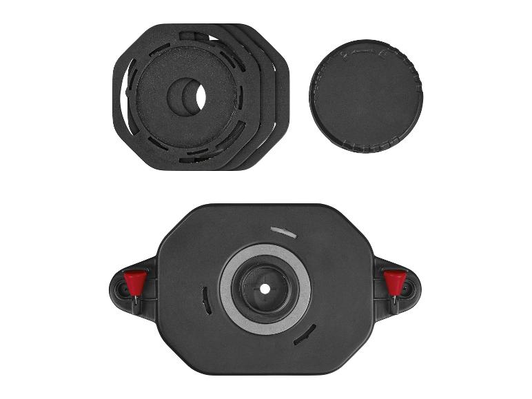 Un adaptateur d'appareil photo avec un bouchon d'objectif et une plaque de montage avec deux boutons rouges.