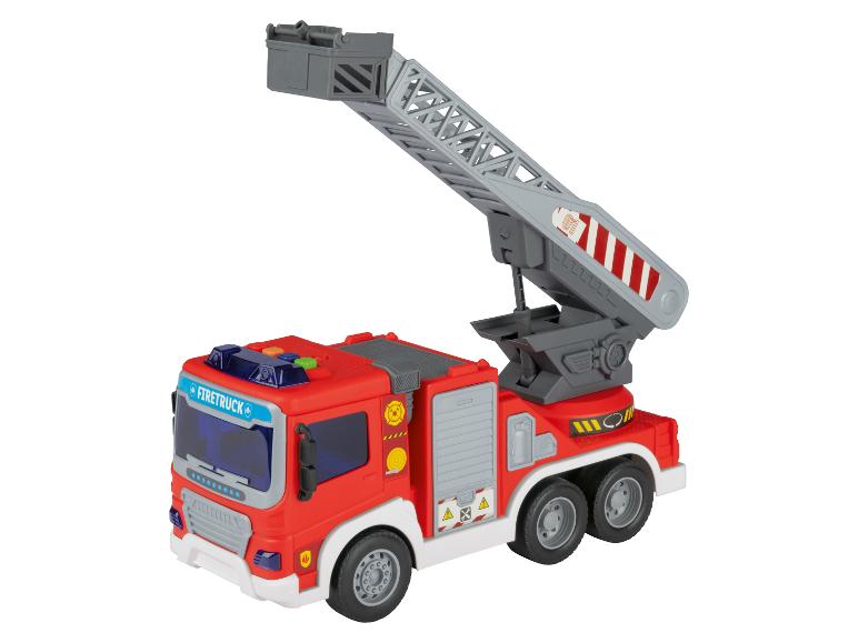 Un camion de pompiers rouge en jouet avec une échelle extensible.