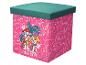 Pouffe de rangement rose avec les personnages de la Pat' Patrouille Marshall et Skye, et des motifs de dinosaures