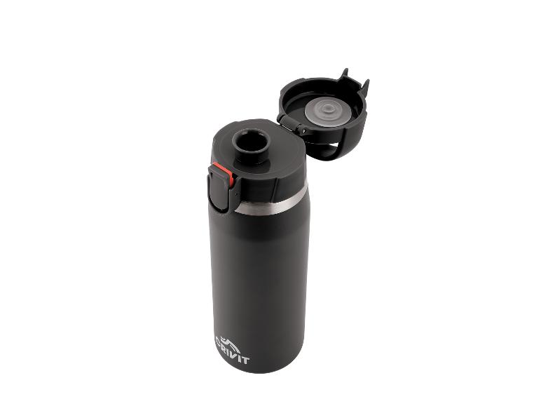 Bouteille isotherme noire avec couvercle ouvert et détails rouges et argentés.