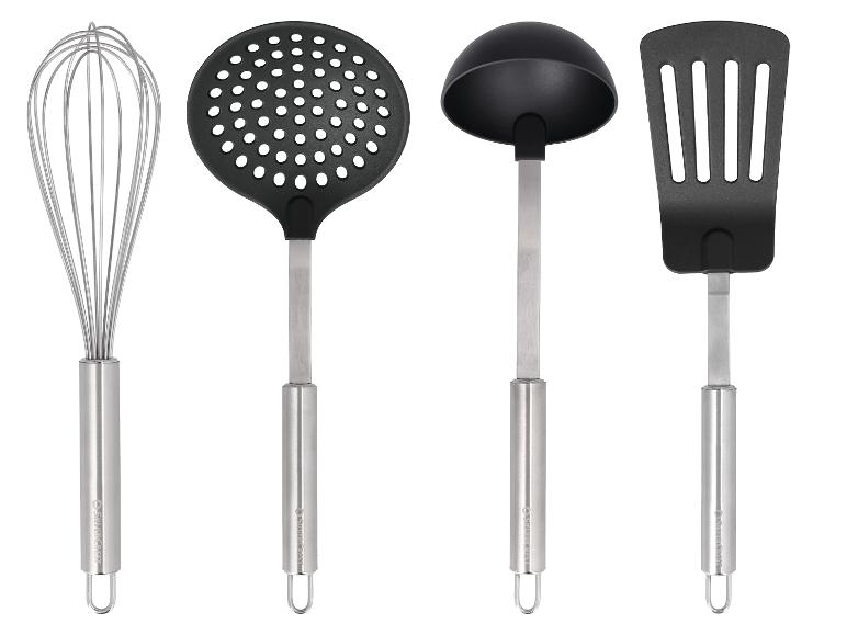 Ensemble d'ustensiles de cuisine SilverCrest : fouet, écumoire, louche et spatule.