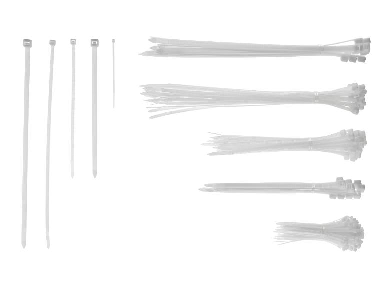 Serre-câbles blancs de différentes tailles, individuels et en paquets.