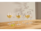 Six verres à vin avec du vin blanc et des raisins sur une table en bois.