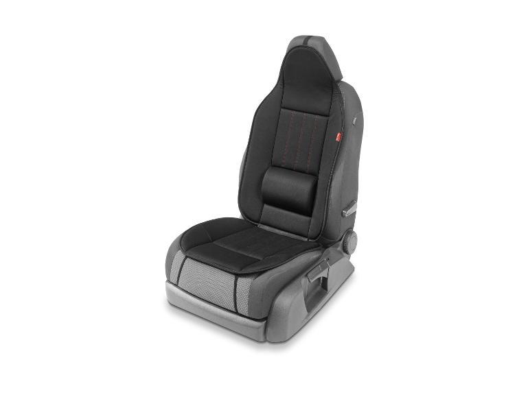 Siège de voiture noir avec appuie-tête intégré et soutien lombaire intégré.