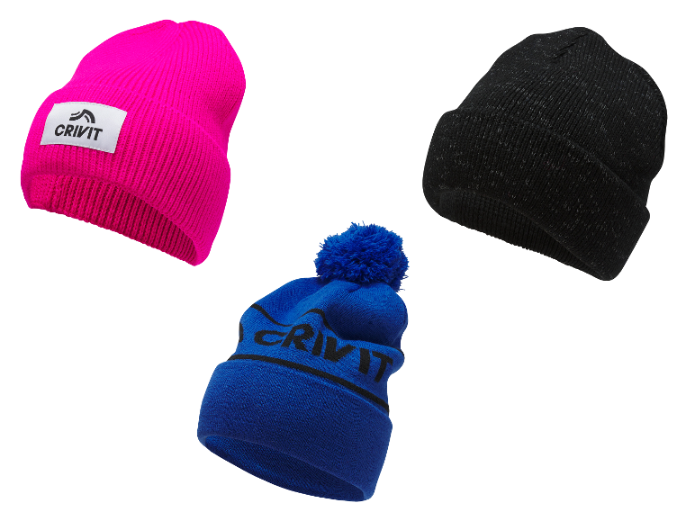Bonnets tricotés CRIVIT en rose, noir et bleu avec pompon