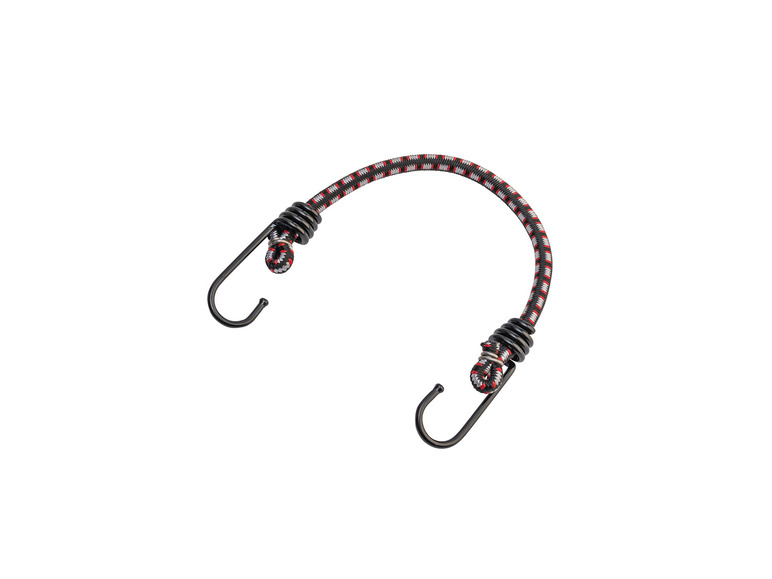 Un élastique rouge et noir avec des crochets.