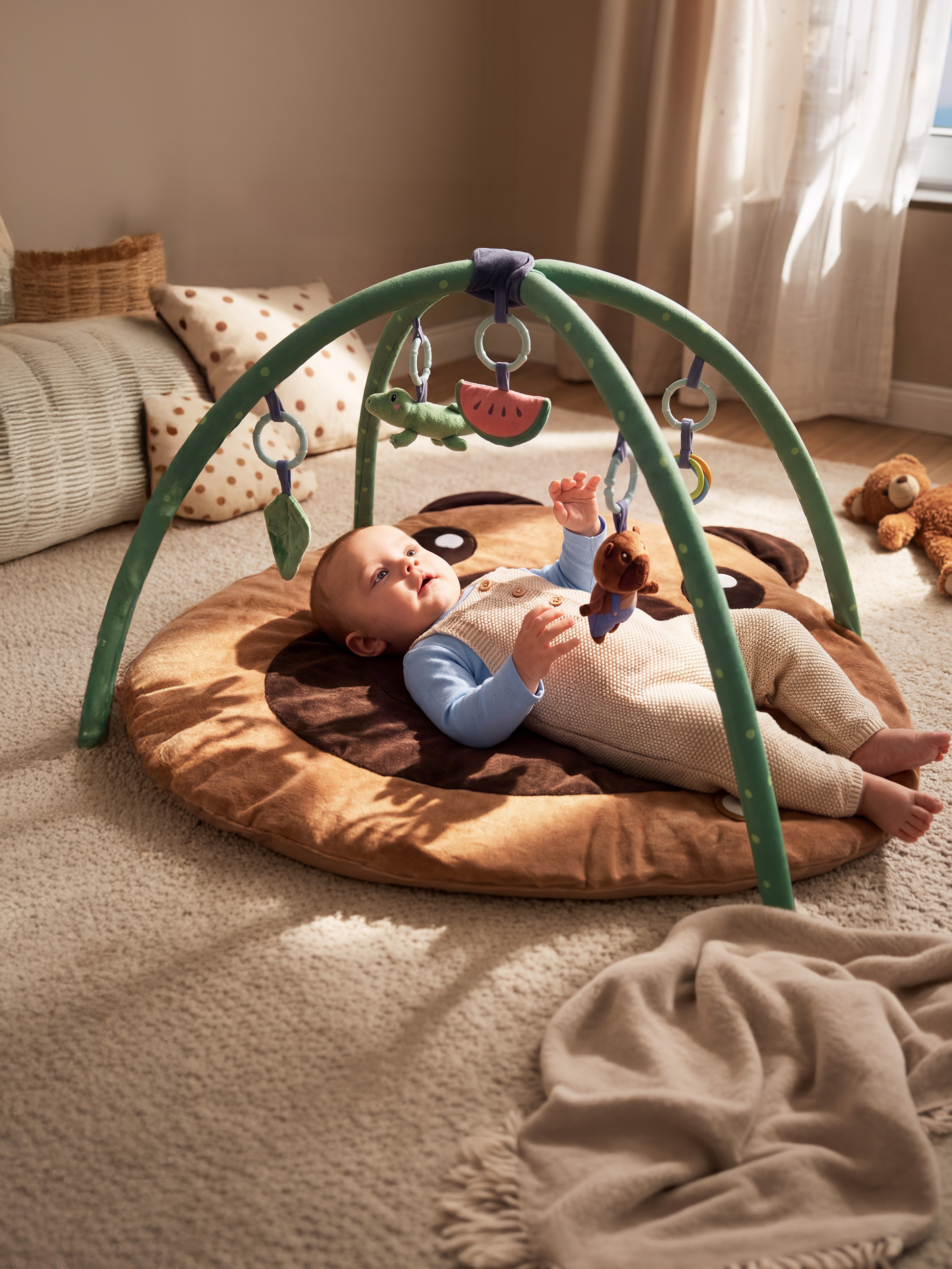 Bébé sur un tapis d'éveil avec des jouets suspendus, dans une chambre lumineuse.