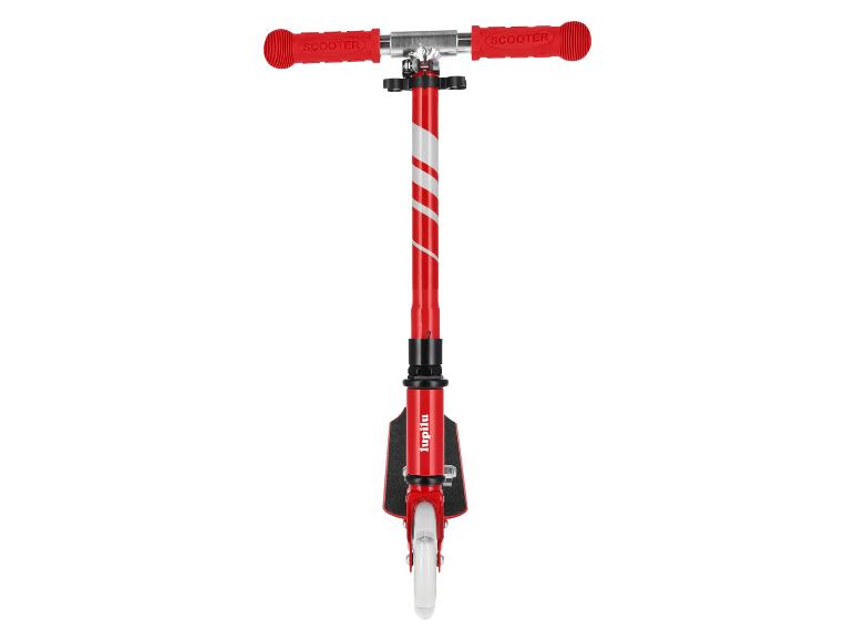 Trottinette rouge avec guidon métallique et poignées avec le texte « SCOOTER », avec roues blanches