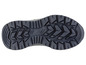 La semelle d'une paire de chaussures de randonnée bleu foncé.