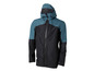 Une veste imperméable noire avec une capuche et des détails bleus.