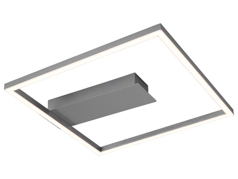 Plafonnier LED carré argenté avec élément central.