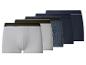 Cinq boxers pour hommes en blanc, gris, bleu et bleu foncé, avec des ceintures rayées.