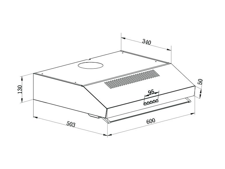 Dessin technique d'une hotte de cuisine avec dimensions : 600x340x130 mm.