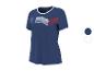 T-shirt de sport femme bleu marine avec un motif à rayures blanches et rouges sur la poitrine.