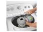 Une personne plaçant une peluche grise dans une machine à laver à chargement par le haut.