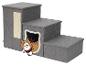 Escalier gris pour animaux de compagnie avec griffoir et cachette, avec un chat de dessin animé.