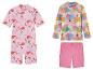 Maillots de bain enfant : un modèle baleines, un autre toucans tropicaux.