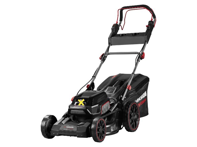 Tondeuse à gazon sans fil PARKSIDE PERFORMANCE avec corps noir et accents rouges