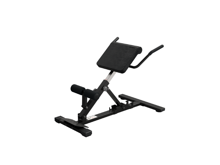 Banc de musculation du dos noir avec coussin et repose-pieds réglables.
