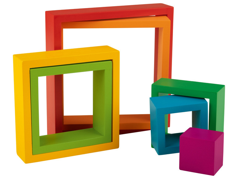 Un cadre en bois jaune, vert, rouge et bleu, avec un bloc violet.