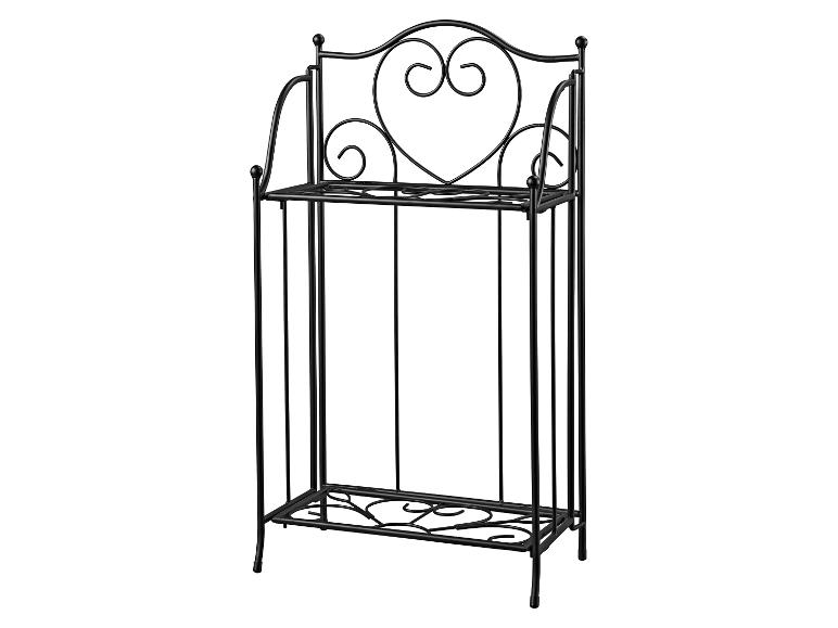 Support à plantes en fer forgé noir à deux étagères avec volutes en forme de cœur.