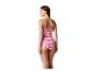 Maillot de bain une pièce femme à motif zigzag rose et violet, vue de dos.