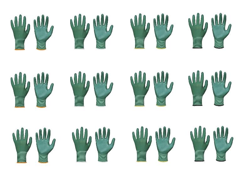 Plusieurs paires de gants de travail verts avec des poignets de différentes couleurs, sur fond blanc.