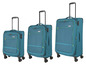 Trois valises bleues de la marque 'Delsey' avec des roulettes.