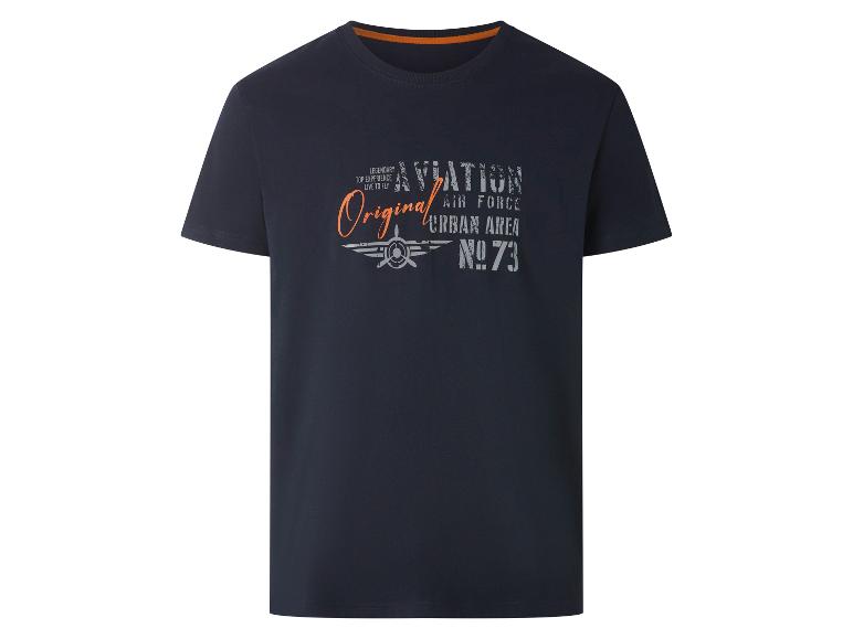 T-shirt bleu marine pour homme avec un imprimé sur le thème de l'aviation et le texte 'Original Aviation No. 73'.