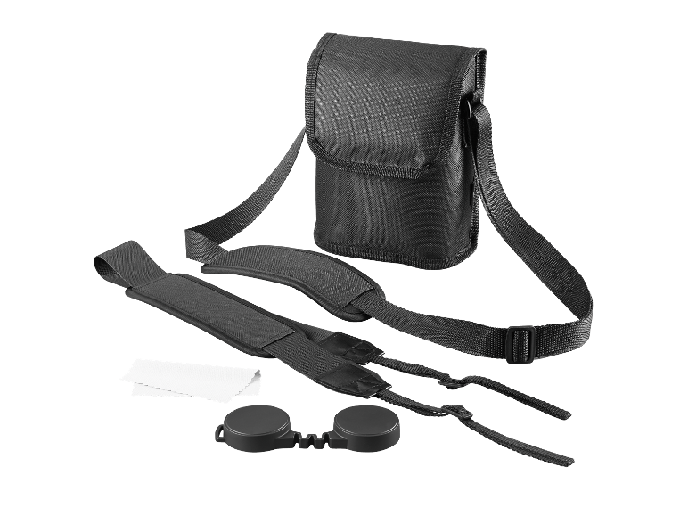 Un étui de transport noir avec des accessoires, y compris des sangles et des bouchons d'objectif.