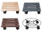 Roulettes pour pots: modèles en bois naturel, gris et brun, et un modèle métallique.