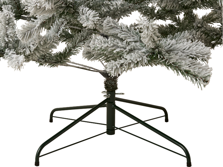 Sapin de Noël artificiel enneigé avec un pied vert.