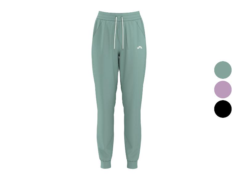 Pantalon de jogging vert avec cordon de serrage et logo, avec options de couleur violet et noir.