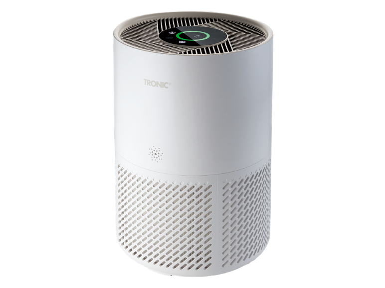 Purificateur d'air cylindrique blanc avec un écran digital sur le dessus