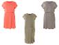 Trois robes estivales : corail, taupe et kaki.