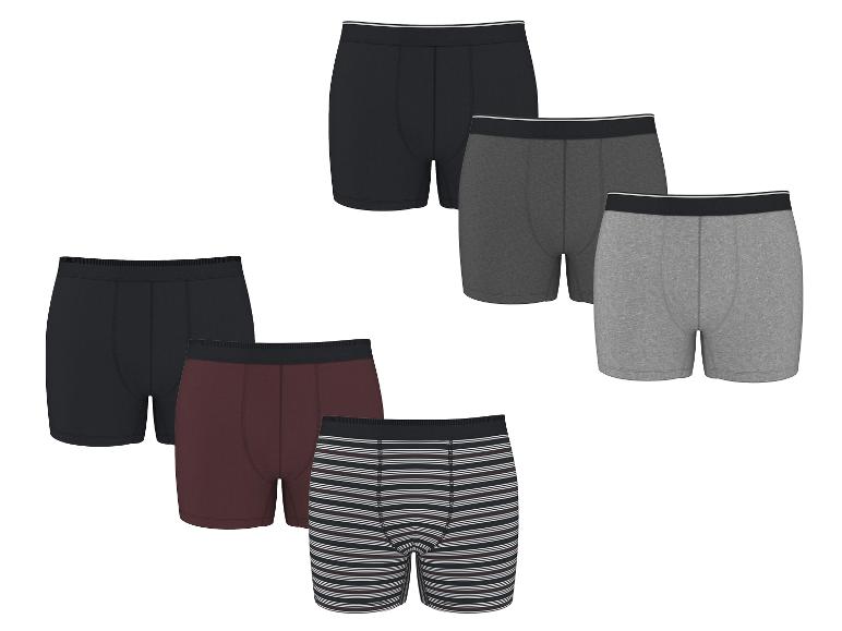 Six boxers pour hommes en noir, gris, bordeaux et à rayures.