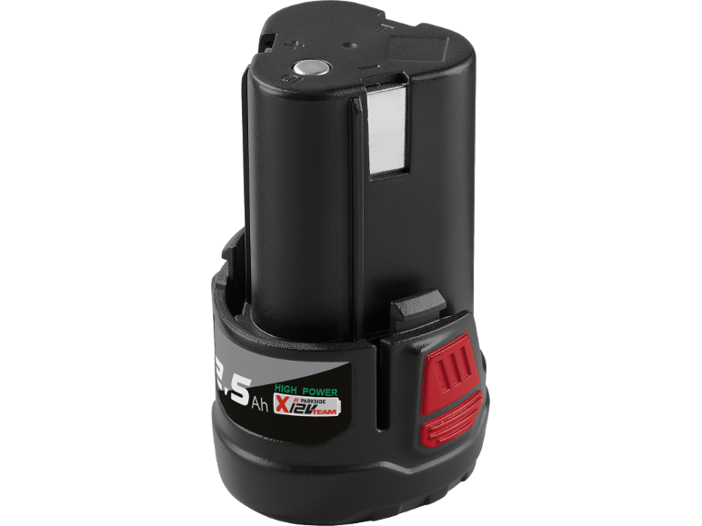 Batterie d'outil noire avec le texte 'HIGH POWER X12V TEAM' et '2.5 Ah'.