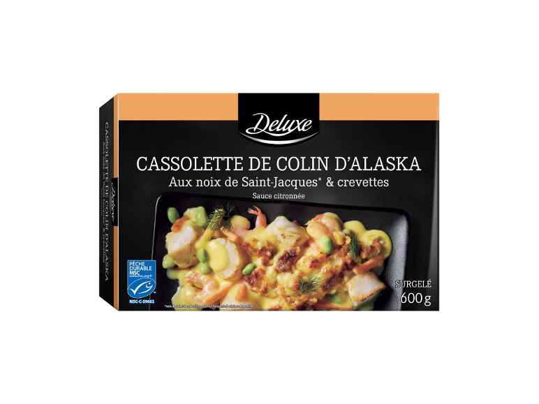Cassolette de colin d'Alaska aux noix de Saint-Jacques et crevettes, sauce citronnée, surgelée, 600g.