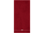 Serviette rouge avec une broderie de nœud blanc le long du bord inférieur.