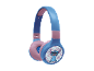 Casque bleu et rose avec personnage de dessin animé et motif floral.
