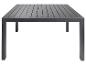 Une table de jardin gris foncé avec un plateau en bois.