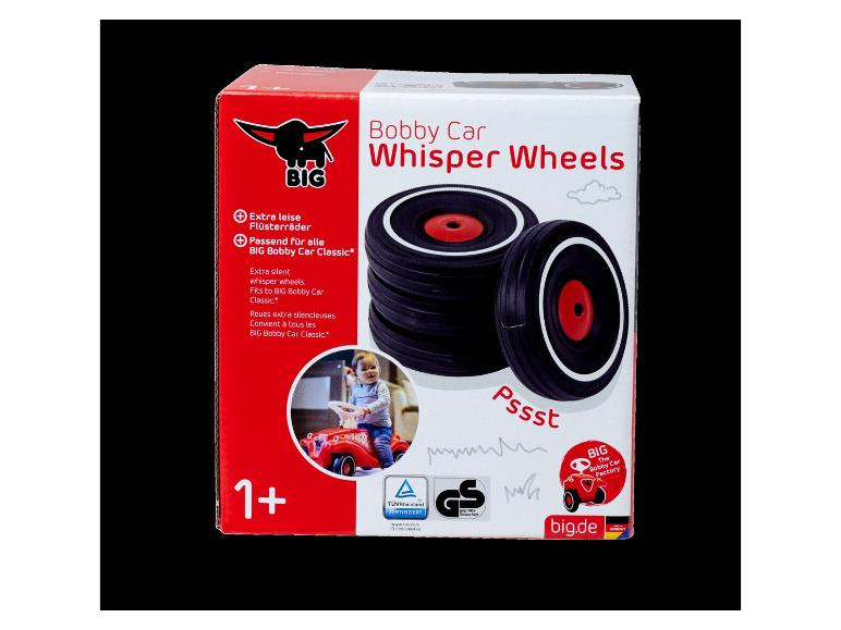 Boîte de roues silencieuses pour voiture d'enfant, avec image d'un enfant et certifications.