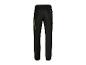 Pantalon de travail noir avec fermetures éclair et poches jaune vif.